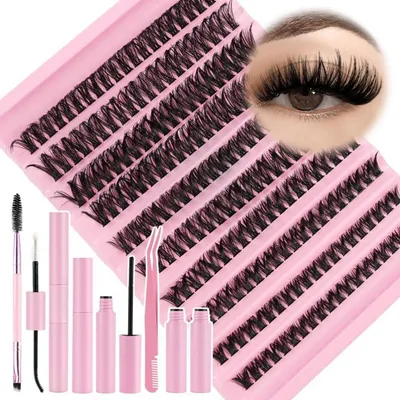 Image de Kit de cils artificiels en clusters pour application à domicile, comprenant 200 cils de type "D" de 8 à 16 mm, ainsi que de la colle et un scellant
