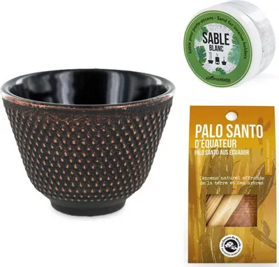Produktbild von Räucherstäbchenhalter Schale Schwarz und Gold + Weißer Sand + Palo Santo Stäbchen