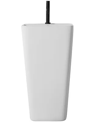 A white pedestal sink with a black faucet attachment.