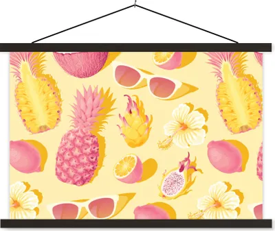 Produktbild von MuchoWow® Textilposter Sommer - Ananas - Gelb 60x40 cm mit schwarzem Rahmen - Hölzernes