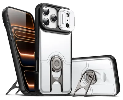 Image de Coque pour iPhone 17 Pro Max avec protection pour l'appareil photo et anneau de fixation/support, coque hybride antichoc, couleur argent
