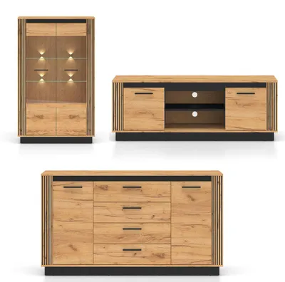 Productafbeelding van Woonkamer set Urso, wandmeubel in gouden uitvoering, model Eichel, kleur zwart. Optioneel met verlichting, 3-delig (vitrine, salontafel, dressoir)