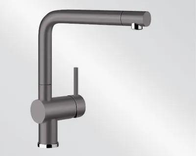 A modern kitchen faucet against a neutral background.