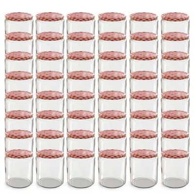 Produktbild von Oputec 48x 405 ml Einmachgläser mit Schraubdeckel rotkariert – Perfekt für Konfitüren, als Vorratsgläser mit Deckel Marmeladengläser und Schraubgläser