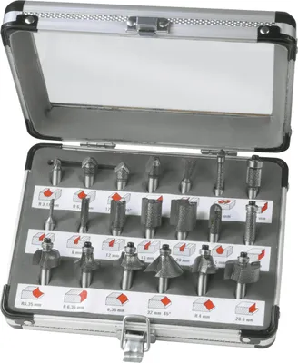 Produktbild von Ferm Fräser-Set 20-teilig PRA1008, C2 Hartmetall Wolframkarbid, 8mm Schaft, Anti-Rückschlag Design, wärmebehandelt, für Holzbearbeitung, Gewicht 0,96 kg, Aluminiumkoffer