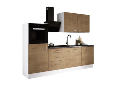 Image de Ensemble de cuisine : trois tiroirs, cinq portes, huit étagères, couleur : blanc / chêne Lancelot, dimensions du meuble : l : 250 cm, H : 220 cm, P : 60 cm