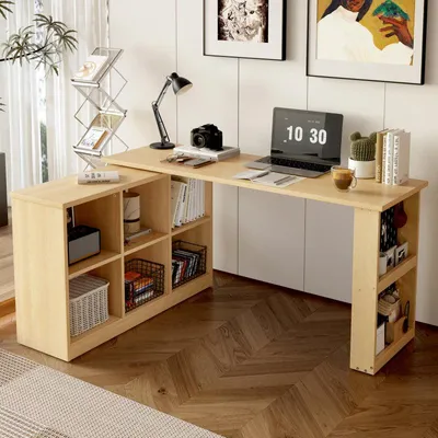 Productafbeelding van Bureau en computertafel met 6 opbergvakken en MDF blad in naturel look