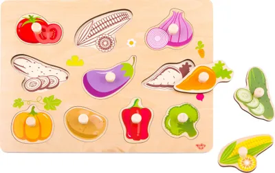 Produktbild von Tooky Toy Holzpuzzle TY855 Gemüse, 11-teilig, bunte Puzzleteile, Steckspielzeug bunt