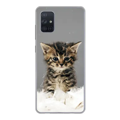 A close-up of a kitten sitting in white feathers, displayed on a phone case.