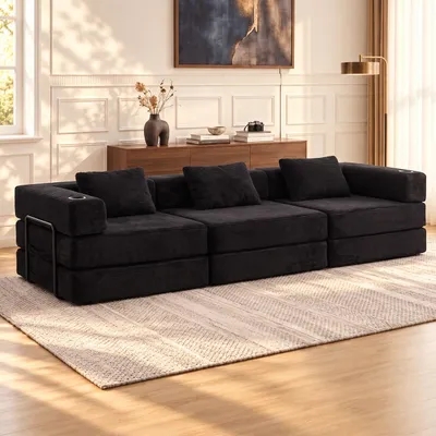 Produktbild von Modulares Cord-Sofa 3-Sitzer in Schwarz Wohnlandschaft mit Getränkehalter & Metallrahmen, Flauschiges Cord-Sofa für Wohnzimmer,Modernes U-Sofa
