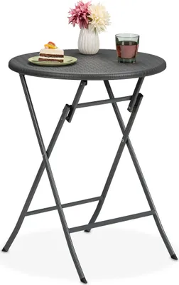 Obrázok produktu pre Relaxdays Záhradný stôl v ratanovom vzhľade, okrúhly, V x Š: 75 x 60 cm, balkónový stôl, plast a kov, vonkajší stôl, sivý