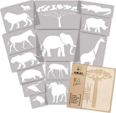 Produktbild von Schablonen Malen für Kinder, 14 Stück Set 9x12 bis 23x34 cm Tiere der Savanne, Wiederverwendbare Kunststoff für Kinderzimmer Malvorlage Raumdekoration