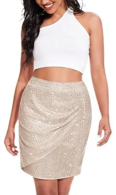 Productafbeelding van Dames mini-rok met glitter, geschikt voor een feest, beige, maat XL