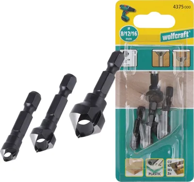 Immagine prodotto di Set di svasatori Wolfcraft 8, 12, 16 mm - con espulsore, codolo esagonale