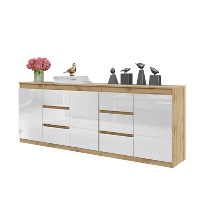 Zdjęcie produktu dla Komoda 200 Cm Dąb Wotan/Biały Połysk 6 Szuflad 3 Drzwi 3 Półki Zestaw,Salon
