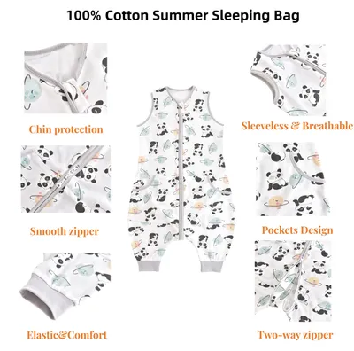 Imagen del producto de Saco de dormir de verano para bebé con pies, 100% algodón, 0,5 TOG, 70 cm, para bebés de 80-90 cm, con abertura para las piernas
