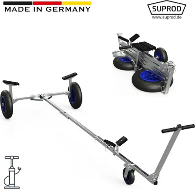 Collage showing a boat trailer dolly and a tire inflation pump icon.