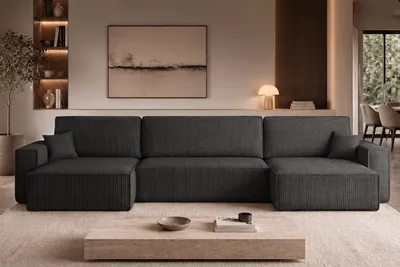 Image de Canapé d'angle Kaiser avec fonction couchage et coffre de rangement, canapé d'angle BEST U XL, tissu Poso noir