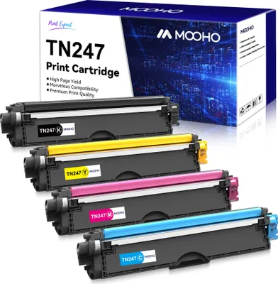 A set of four printer toner cartridges and their packaging.