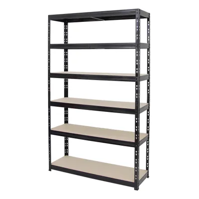 A black metal shelving unit with six shelves, shown against a white background.
