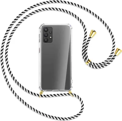 Produktbild von Handykette Backcover-Schutzhülle mit Band (Metall goldfarben) für Samsung Galaxy A32 4G (A325) - schwarz/weiß gestreift