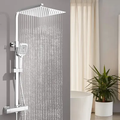 Produktbild von Duschsystem mit Thermostat 38℃ Duscharmatur Chrom Regendusche Duschset Dusche inkl. Regal verstellbarer Edelstahl Duschstange Duschset