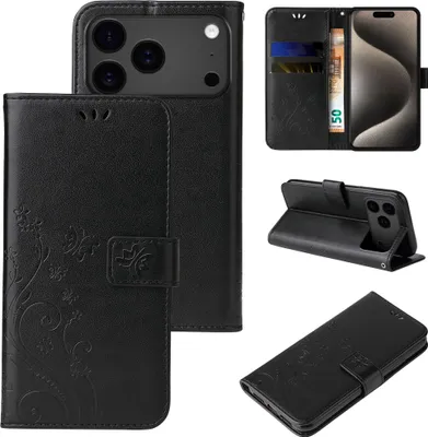 Produktbild von Handyhülle für Apple iPhone 17 Pro Floral Blumen Schmetterling Flip Cover Hülle Case Klapphülle Handytasche Farbe: Schwarz