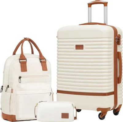 Produktbild von COOLIFE Koffer Trolley ABS Hartschalen Reisekoffer 4 Rollen TSA-Schloss 3tlg Weiß/Braun