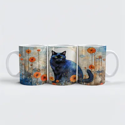 Image de raxxa Premium-Tasse "Chat noir en aquarelle dans un champ de coquelicots"