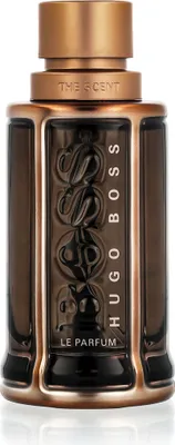 A studio shot of a Hugo Boss perfume bottle.