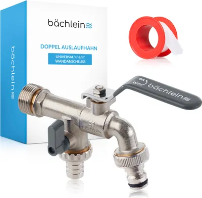 Produktbild von Bächlein Universal Doppel-Wasserhahn für den Garten [anthrazit] - Kugelhahn inkl. 2 Schlauchanschlüssen - 1/2 und 3/4 Zoll