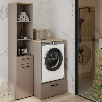 Produktbild von Hauswirtschaftsraum-Set in beige mit Eiche, Waschmaschinenschrank & Hochschrank, 2-teilig - RISAN-83