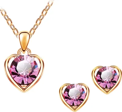 Produktbild von Frauen Strass Herz Anhänger Halskette Kette Ohrstecker Party Schmuck Set-Gold + Rosenrot