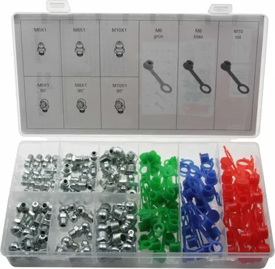 Produktbild von Schmiernippel + Schutzkappen Abdeckkappen M6 M8 M10 0° 90° Fettnippel, 136-tlg.
