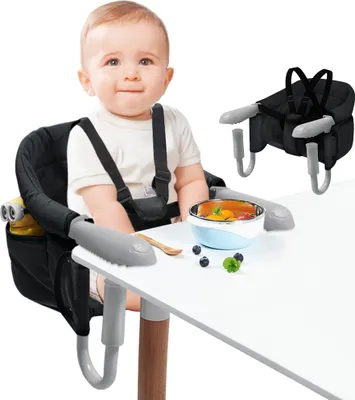 Produktbild von JOIEYOU Tischsitz Baby Babysitz Tisch Faltbar Hochstuhl Sitzerhöhung Stuhlsitz mit Einteiliger Sicherheitsgurt und Rückenpolster für zu Hause und Unterwegs bis 15 kg, Schwarz