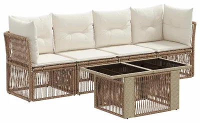 Image de Ensemble de canapés de jardin vidaXL, 5 pièces, beige, en polyrotin