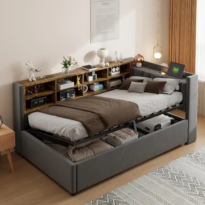 Immagine prodotto di Letto imbottito 90x200 cm con spazio contenitore ad apertura idraulica, luce notturna, prese USB e di tipo C, ripiani e vani contenitori, rivestito in velluto color grigio scuro