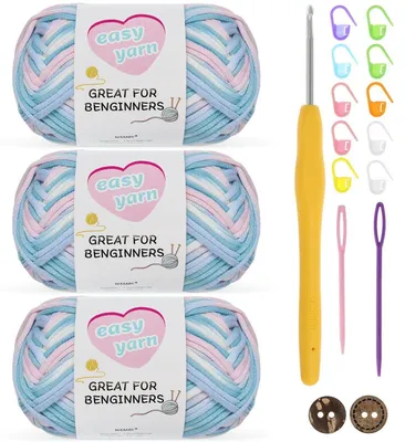 Immagine prodotto di Set di filato per uncinetto, colore blu, 3 gomitoli da 50g ciascuno, in cotone, con uncinetto da 3,5 mm