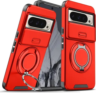 Image de Étui double couche pour Goolge Pixel 9 Pro XL, avec couvercle coulissant pour l'appareil photo et anneau magnétique Rouge