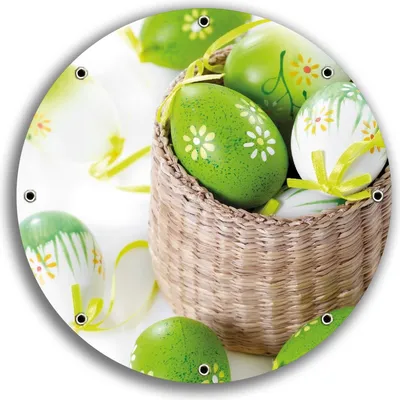Produktbild von Wallario rundes Outdoor-Poster für Garten oder Balkon, Motiv Ostergruß - bunte bemalte Ostereier in einem kleinen Körbchen, 30 cm Durchmesser