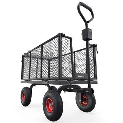 A black metal garden cart with red wheels is shown against a white background.