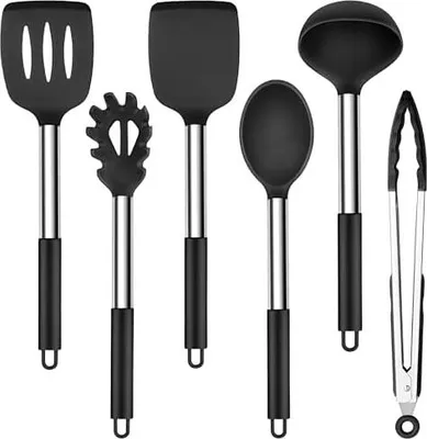 Produktbild von Herogo Silikon Küchenhelfer Set, 6 Stück Kochutensilien Kochbesteck Set mit Edelstahlgriff, Hitzebeständiger & Antihaft, Silikon Küchenutensilien Wender Zange Pfannenwender Set - Schwarz