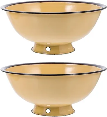 Produktbild von Vintage-Reisschüssel aus Emaille, stabiles und praktisches asiatisches Ramen-Schüsselset mit 2 Schalen, hohem Fuß und gelber emaillierter Oberfläche für Küche und Haushalt