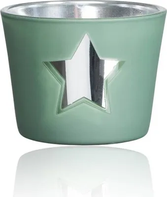 Produktbild von Teelichtglas „STAR“ Ø 6cm x 4,5cm Windlicht mit Sternmotiv Grün