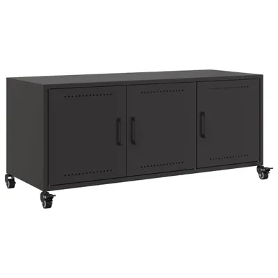 A black metal TV cabinet with three doors and wheels, shown against a white background.