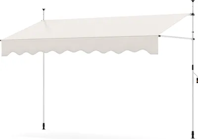 A white awning supported by poles against a white background.