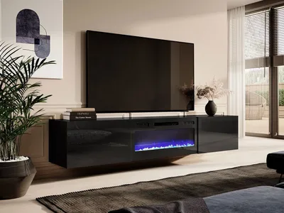 A modern living room with a large TV mounted above a black TV stand with a blue LED fireplace.