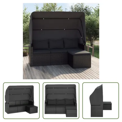 Produktbild von The Living Store 3-Sitzer-Gartensofa mit Dach und Fußhocker Schwarz Poly Rattan