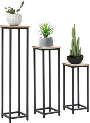 Produktbild von Pflanzenständer Set 3-Teiliges Blumenhocker & Blumentopfhalter Aus Stahl, Schwarz+Natur
