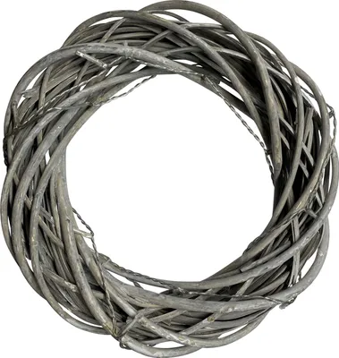 A gray wreath made of woven branches on a white background.